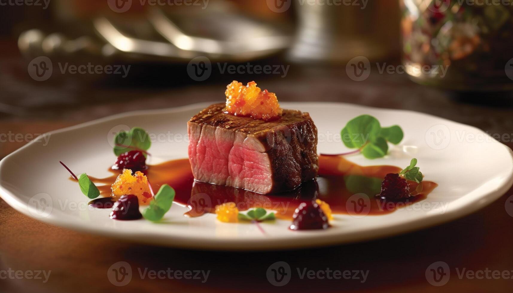 Grilled fillet steak, savory sauce, fresh vegetable salad, fine dining generated by AI photo