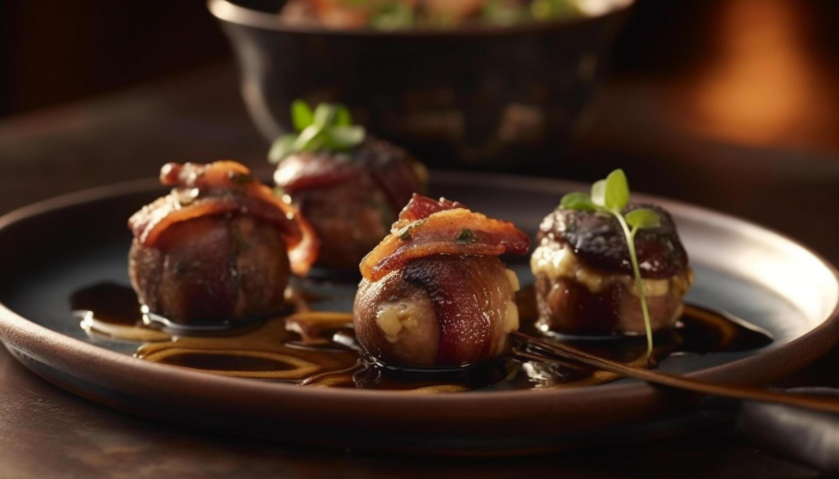 Grilled meat and vegetables on rustic wooden plate, ready to eat generated by AI photo