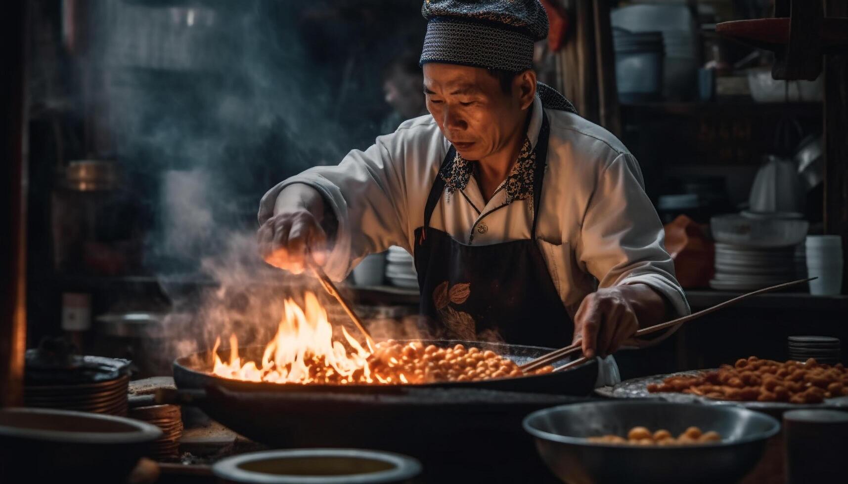 One man, a chef, expertly prepares homemade Chinese cuisine indoors generated by AI photo