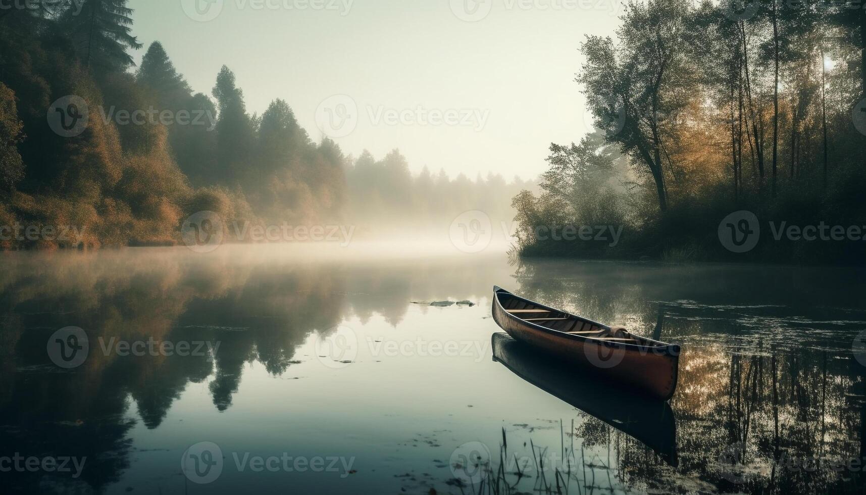 Rowboat glides on tranquil pond, reflecting autumn forest beauty generated by AI photo