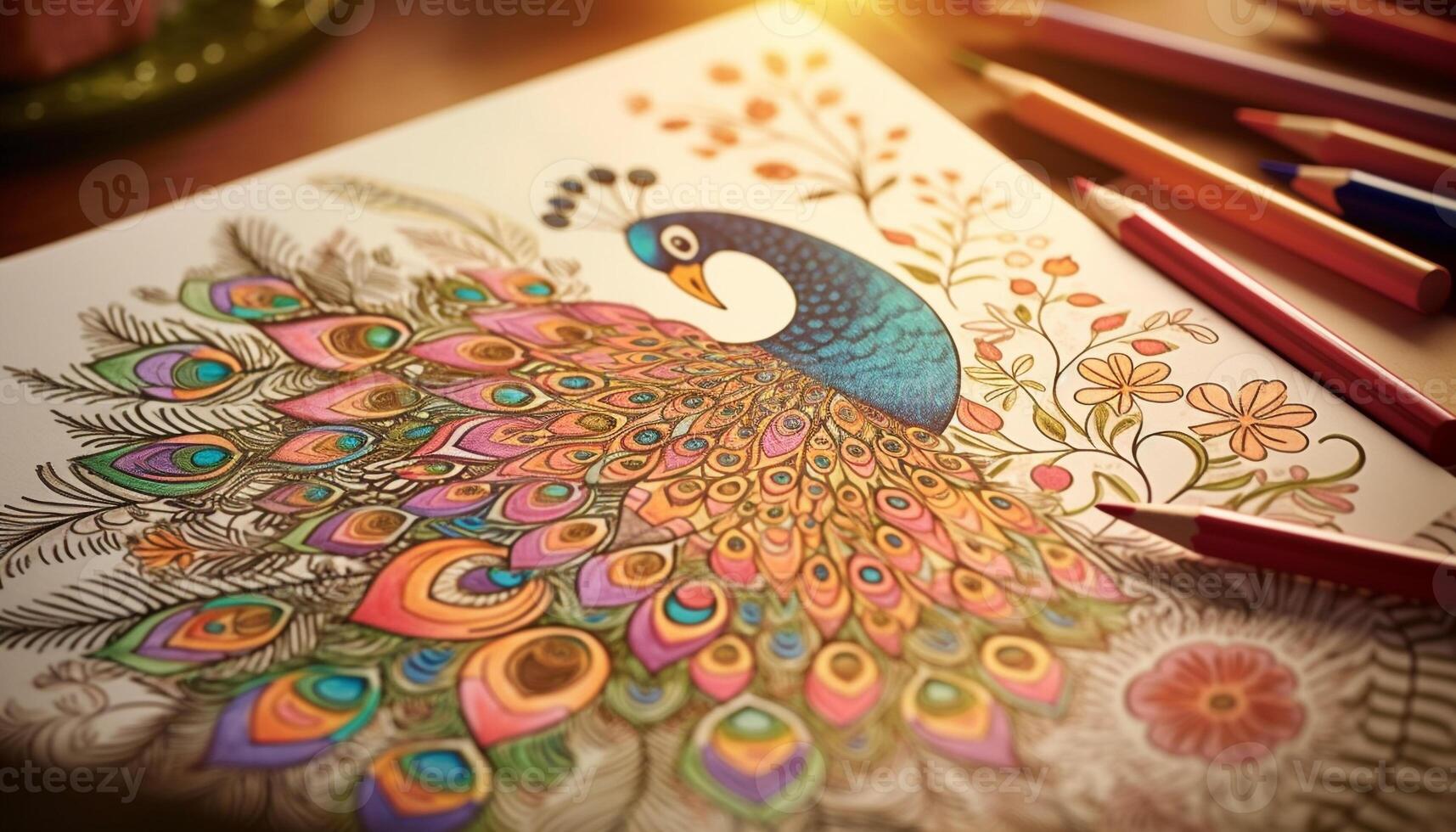 Ornate peacock feather design showcases vibrant colors and indigenous cultures generated by AI photo