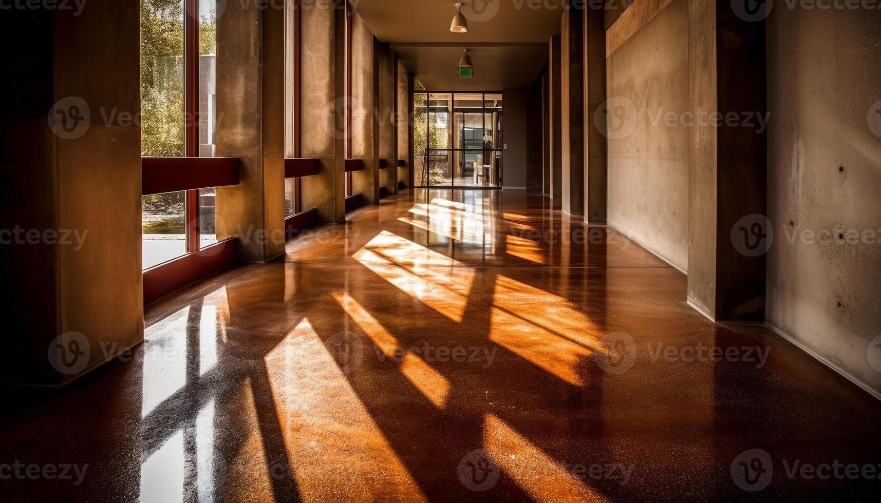 Modern architecture illuminates empty corridor with vanishing point perspective generated by AI photo