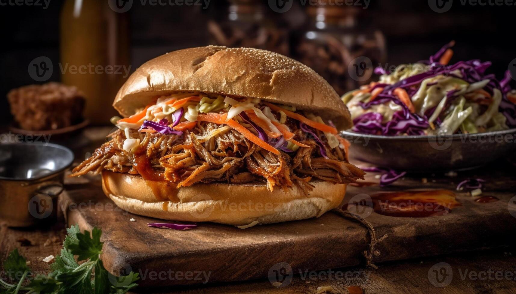 Grilled pulled pork sandwich with coleslaw, ready to eat and savory generated by AI photo