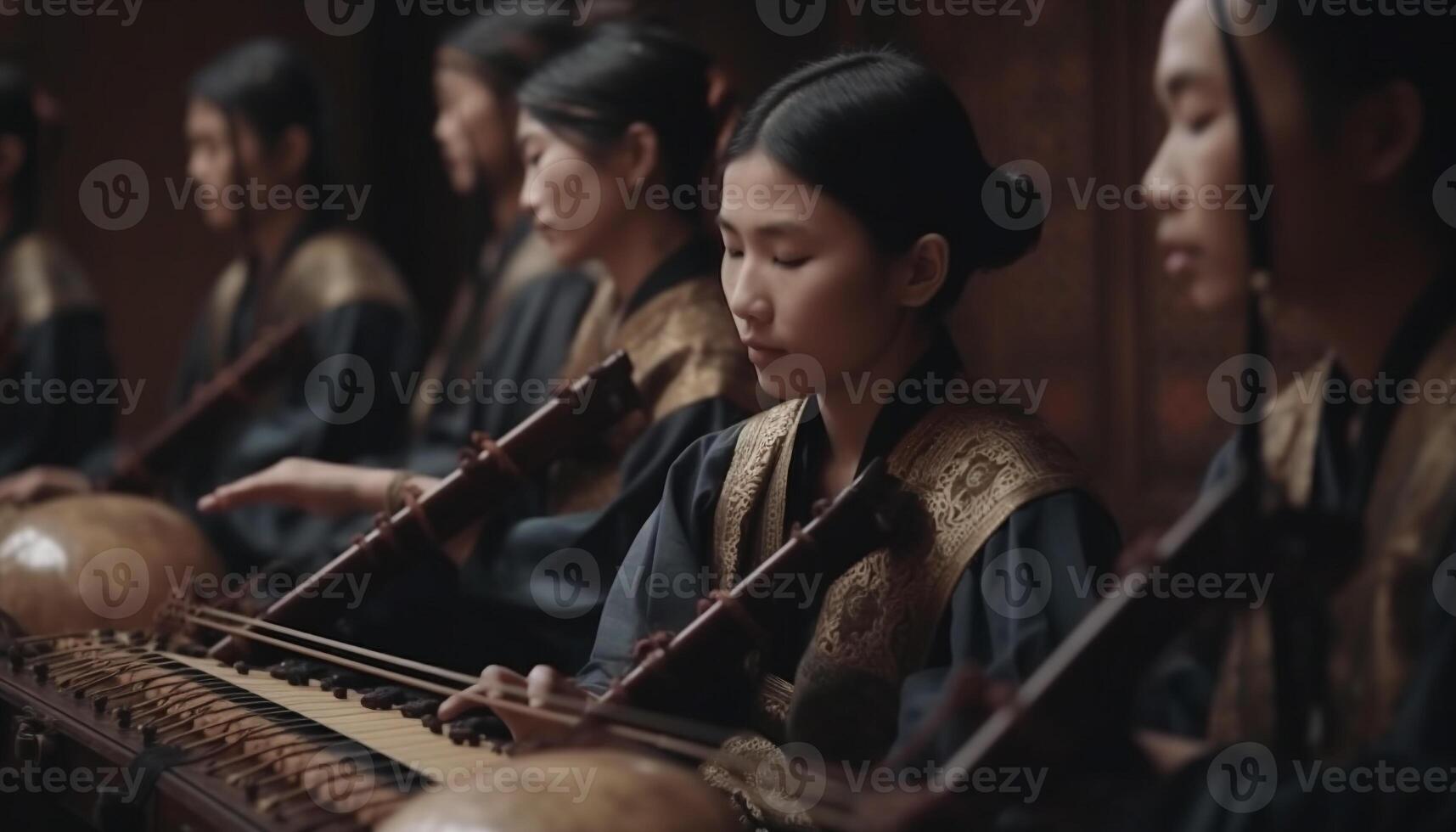 Young women practicing classical music on violin with selective focus generated by AI photo