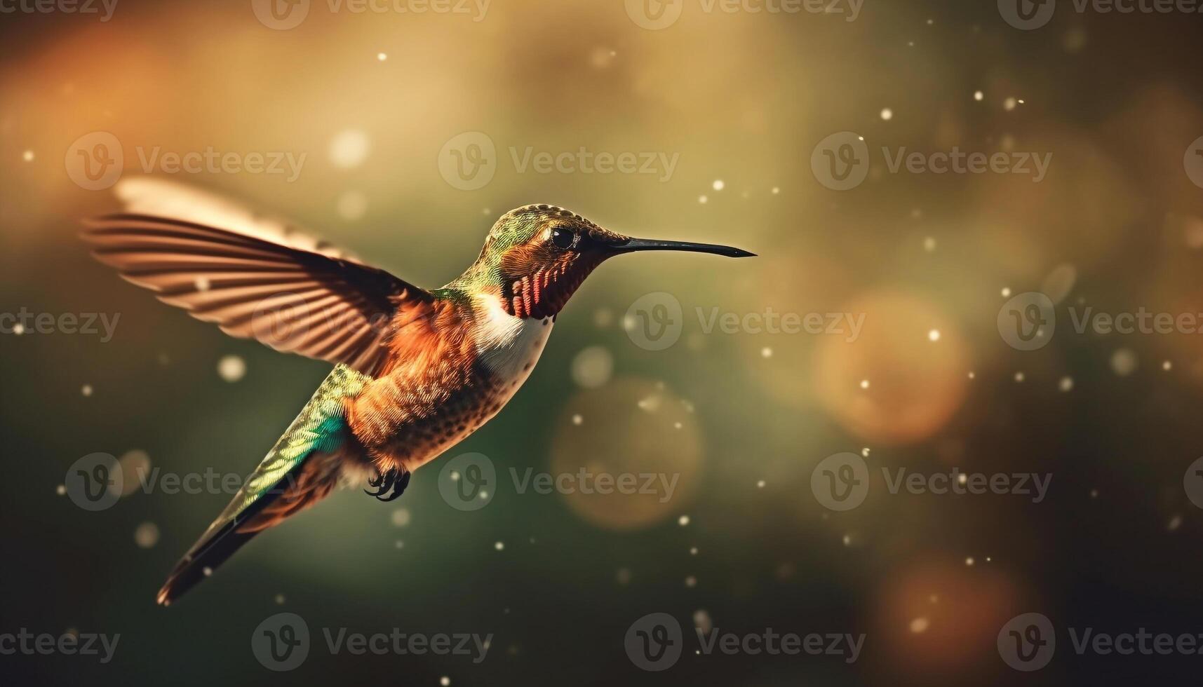 Hummingbird hovering mid air, spreading iridescent multi colored feathers in motion generated by AI photo