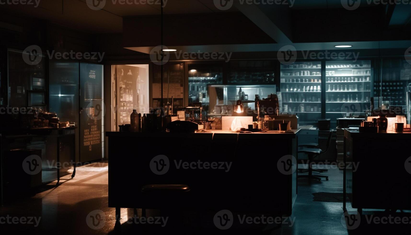 Modern domestic kitchen with steel equipment, wood flooring, and illuminated window generated by AI photo