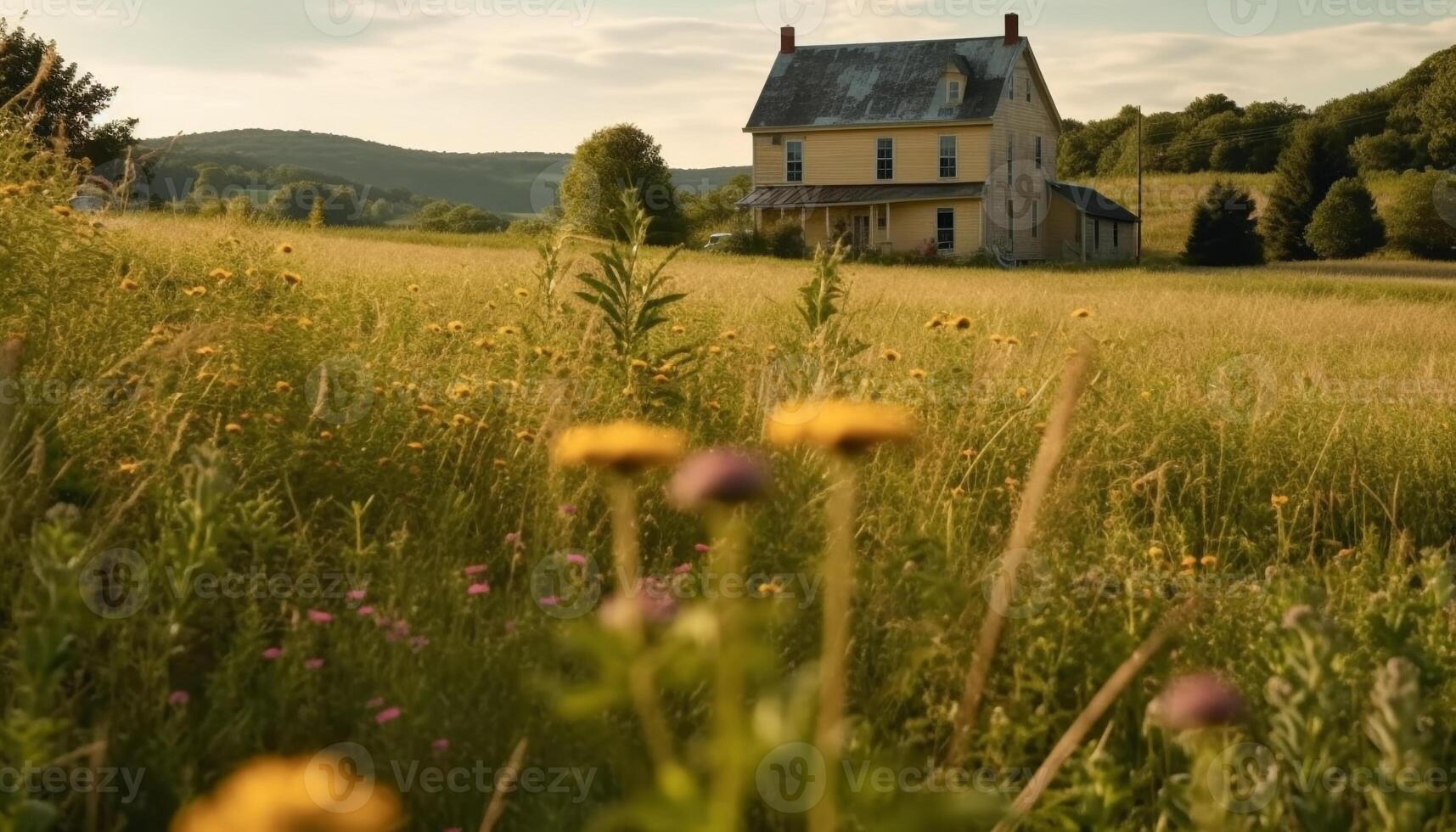 Idyllic rural scene meadow of wildflowers under summer sunset sky generated by AI photo