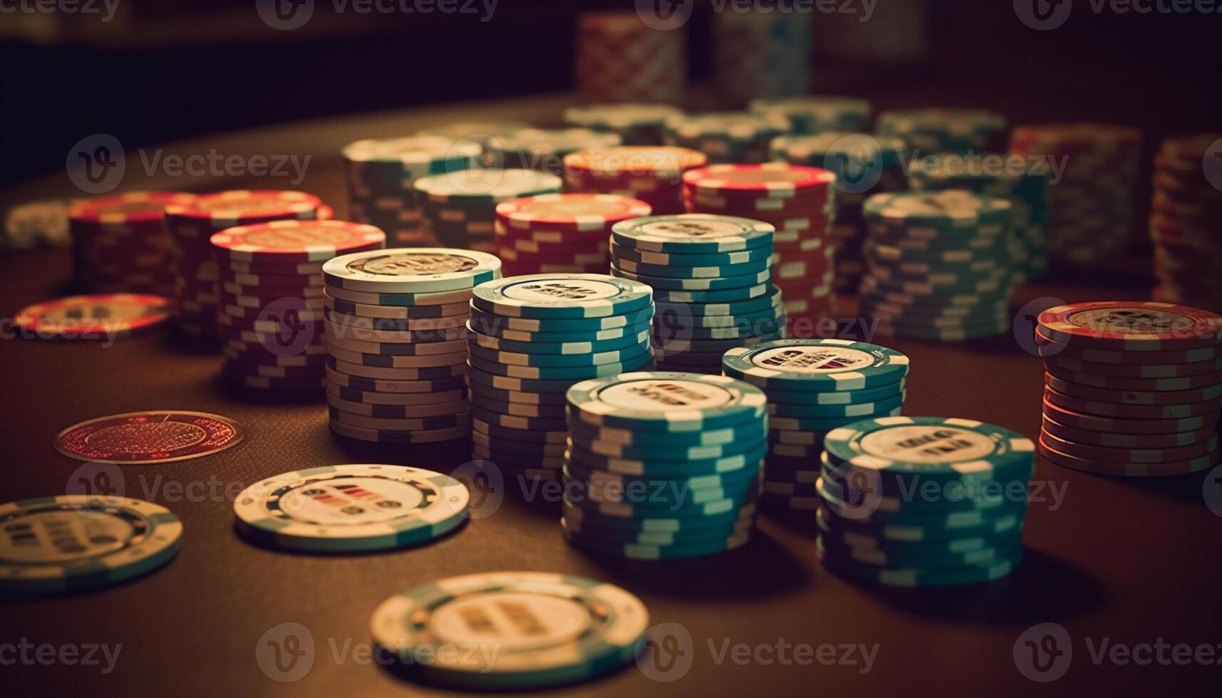 Stacks of wealth won through chance at casino tables generated by AI photo