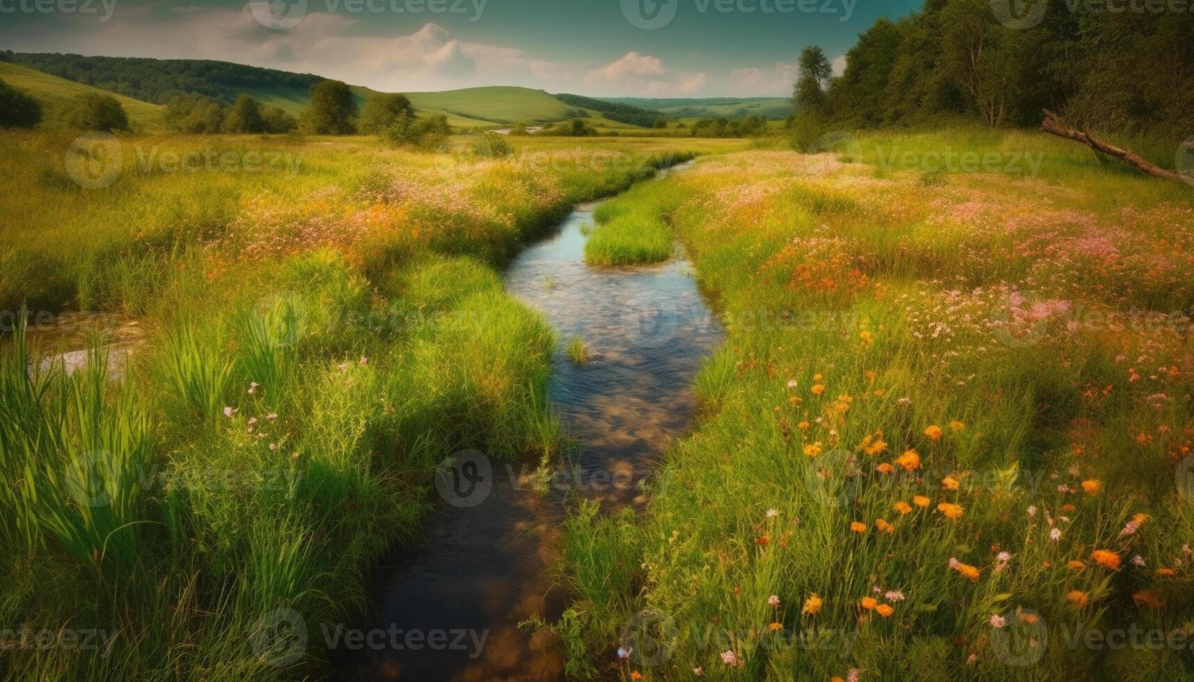 Idyllic meadow reflects multi colored sunset over uncultivated mountain range generated by AI photo