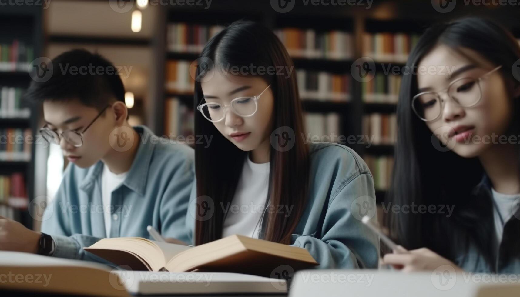 joven mujer y muchachas estudiando literatura en biblioteca, enfoque atentamente generado por ai foto