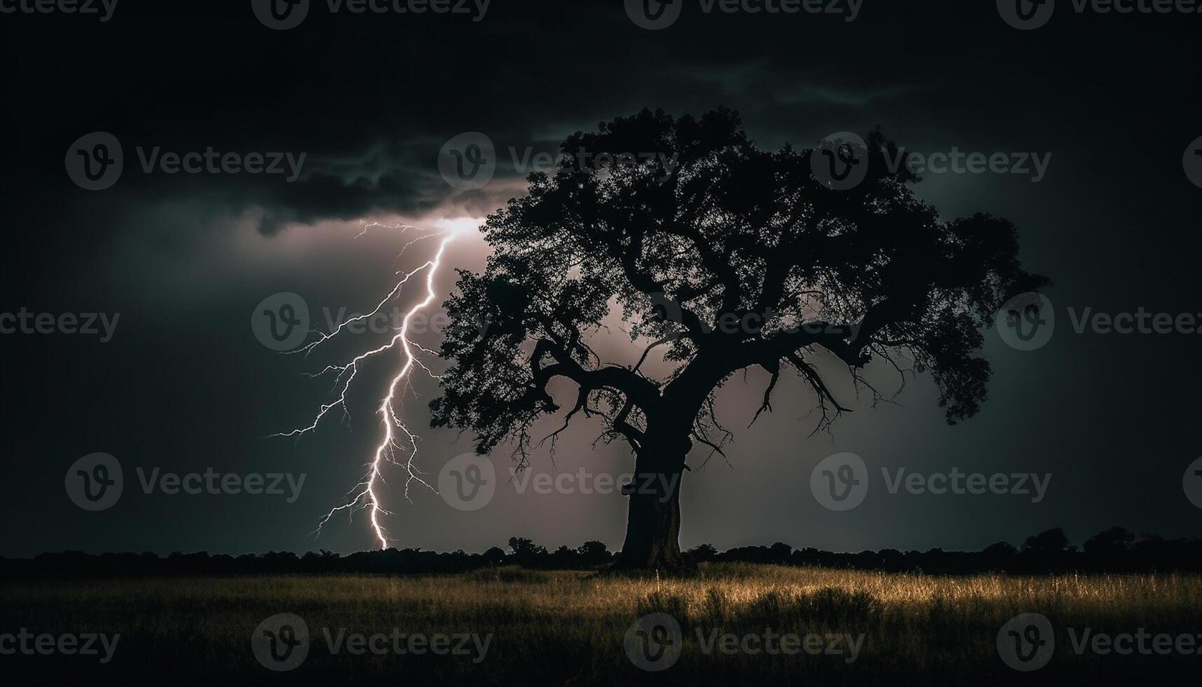 Silhouette tree, spooky dusk, thunderstorm sky, glowing horizon, mystery meadow generated by AI photo