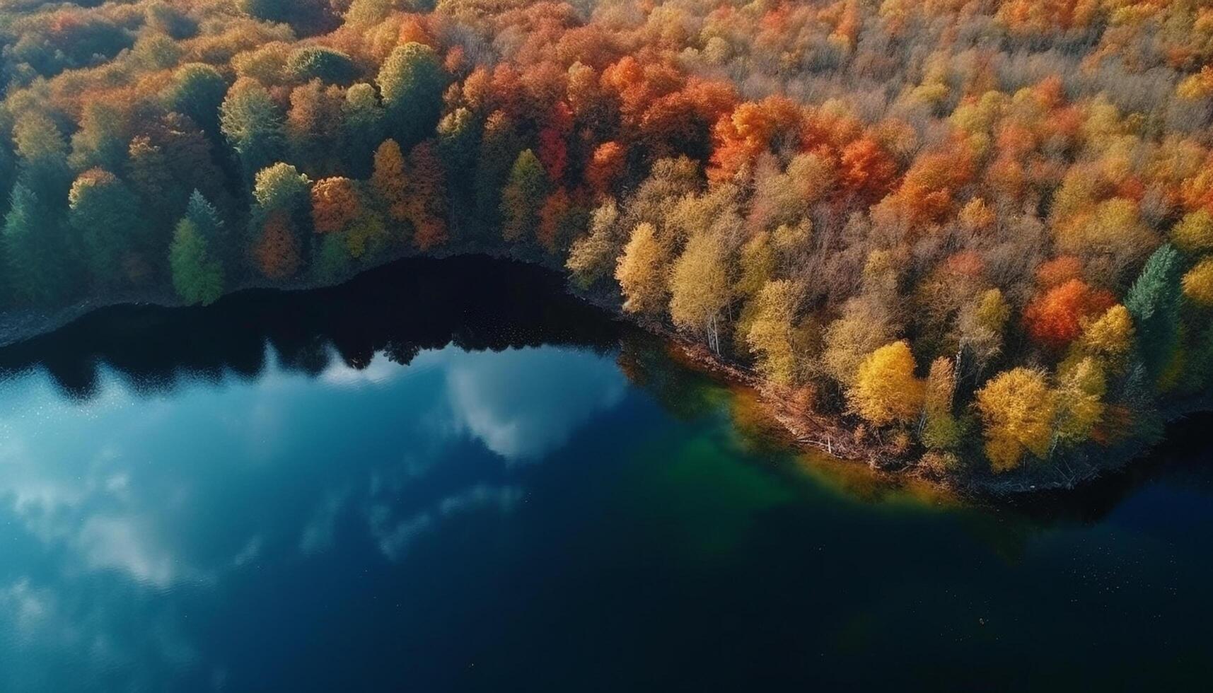 Vibrant autumn colors reflect in tranquil mountain pond from above generated by AI photo