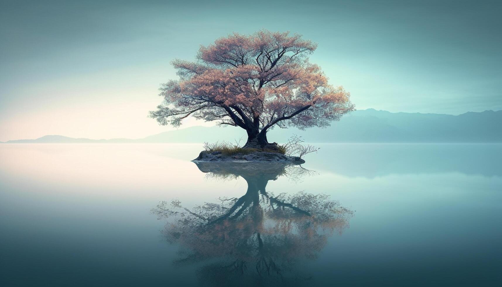 Tranquil scene of reflection in water, autumn forest silhouette generated by AI photo