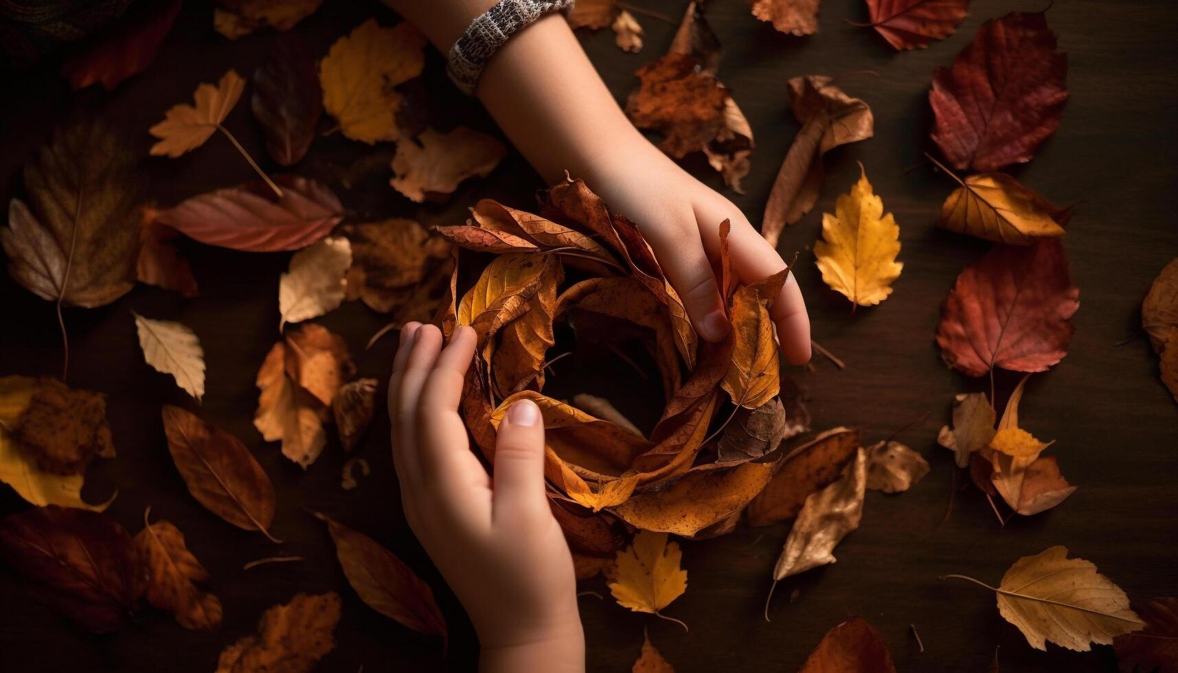 Autumn beauty in nature hand holding vibrant maple tree colors generated by AI photo