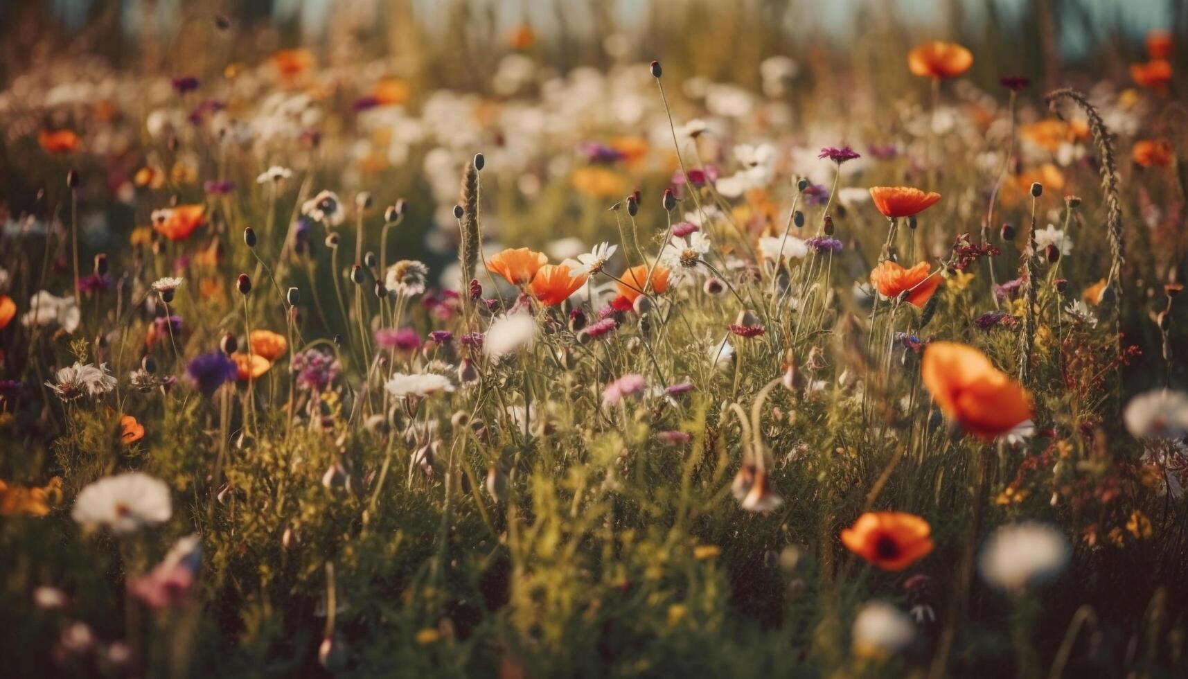 vibrante flores silvestres floración en tranquilo prado debajo verano puesta de sol cielo generado por ai foto