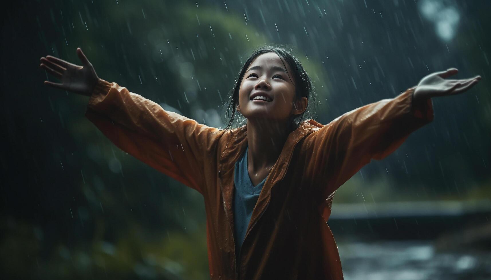 One woman smiling in the rain, enjoying nature wet beauty generated by AI photo