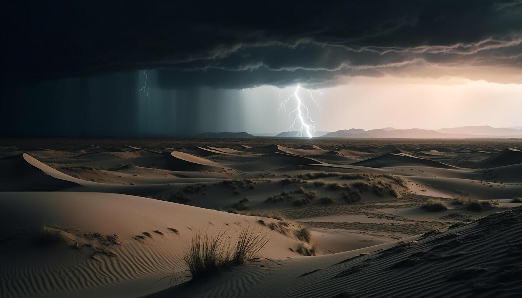 Majestic mountain range, dramatic sky, ripples in sand dunes generated by AI photo