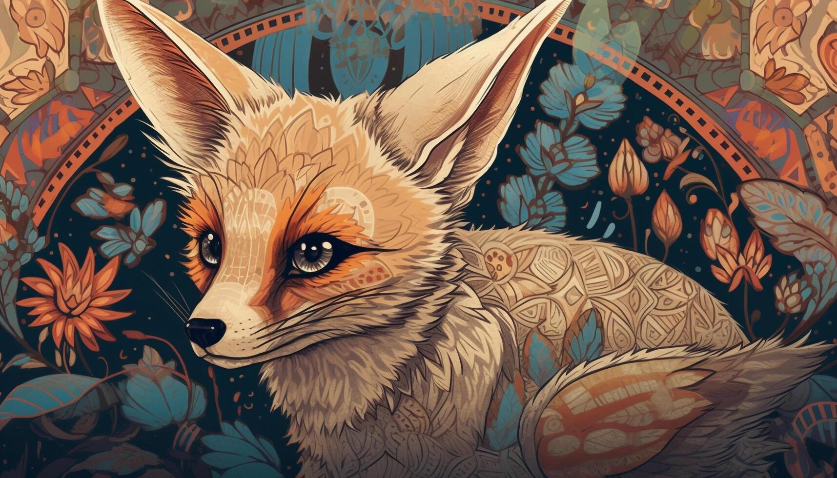 Red fox illustration with cute fur in autumn forest backdrop generated by AI photo