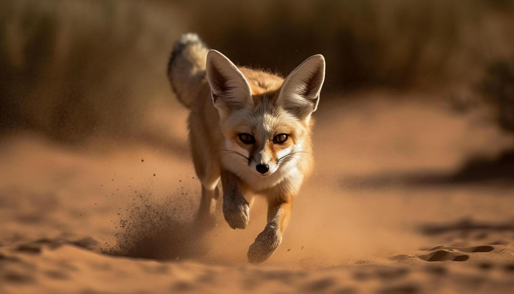 Fluffy red fox running in sand, focus on foreground generated by AI photo