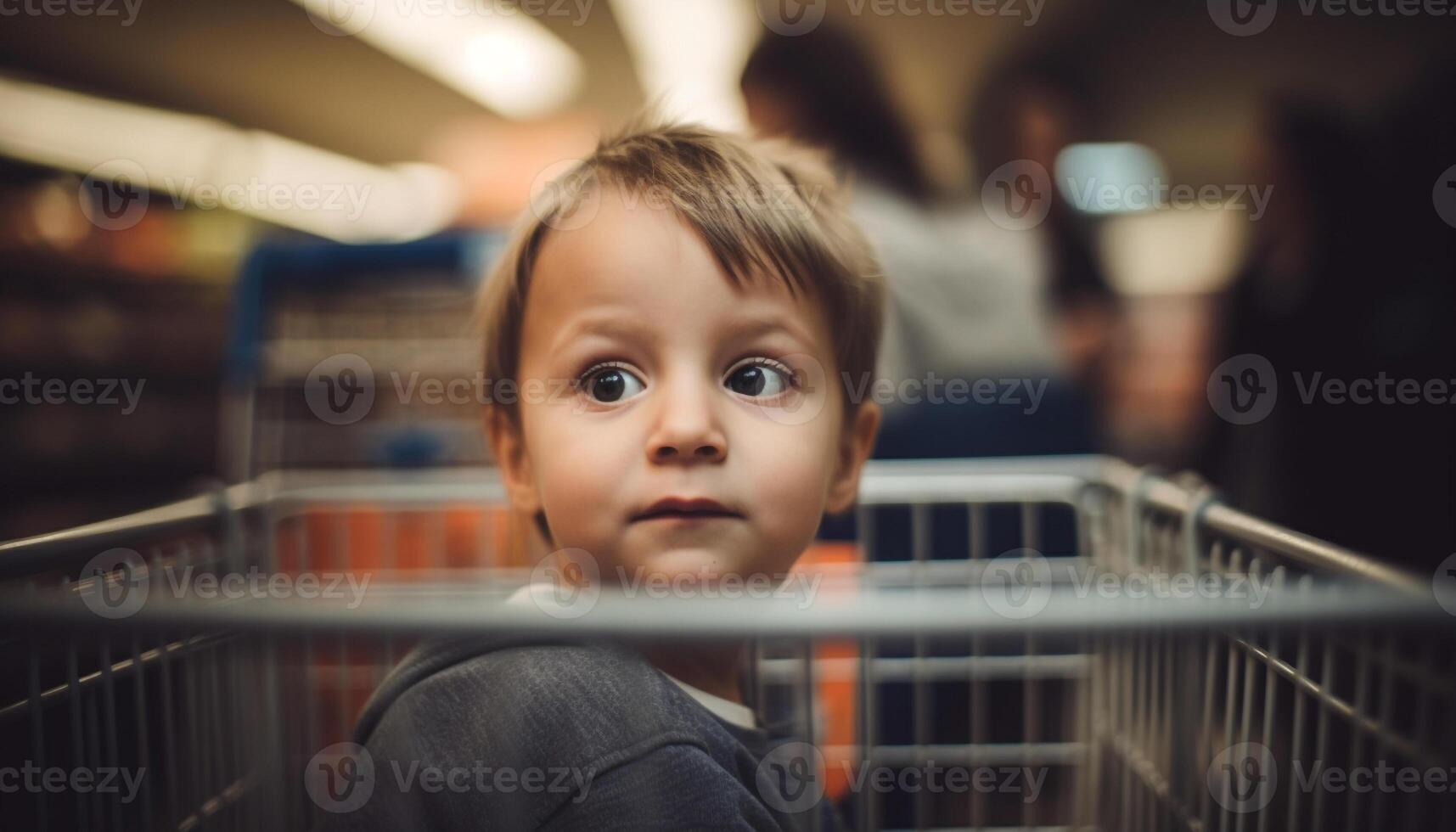 Smiling toddler holds food, looking at camera in supermarket shopping generated by AI photo