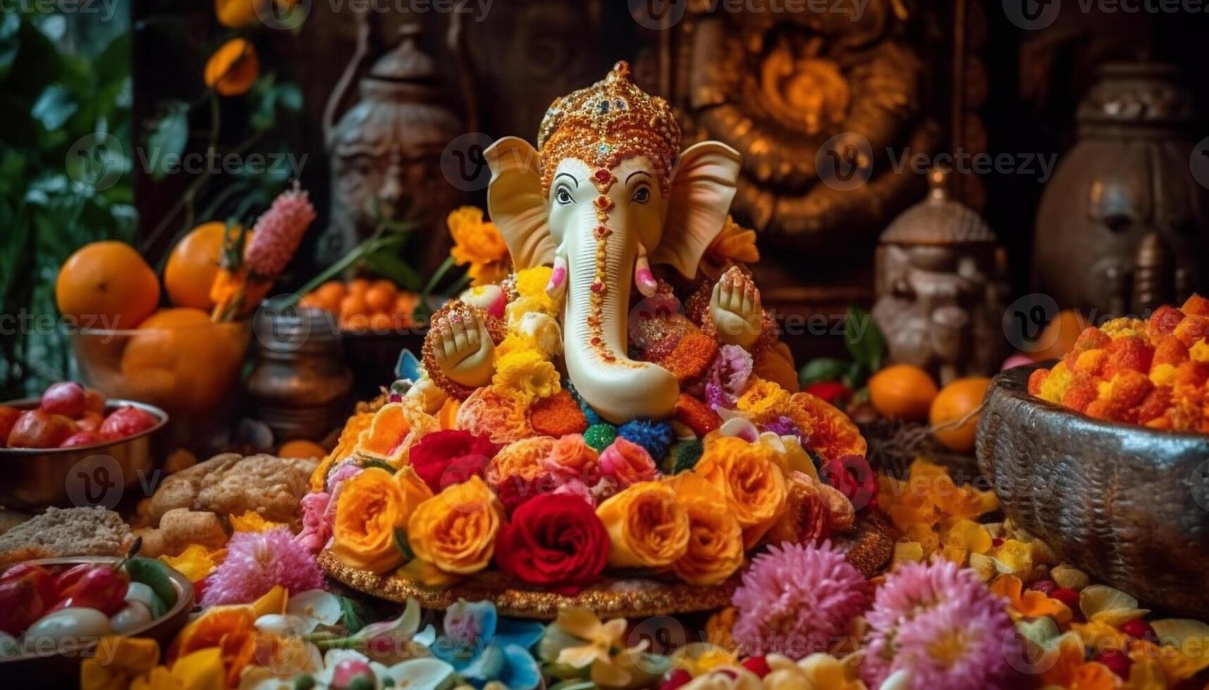 Multi colored elephant statue symbolizes Hinduism spirituality and traditional festivals generated by AI photo