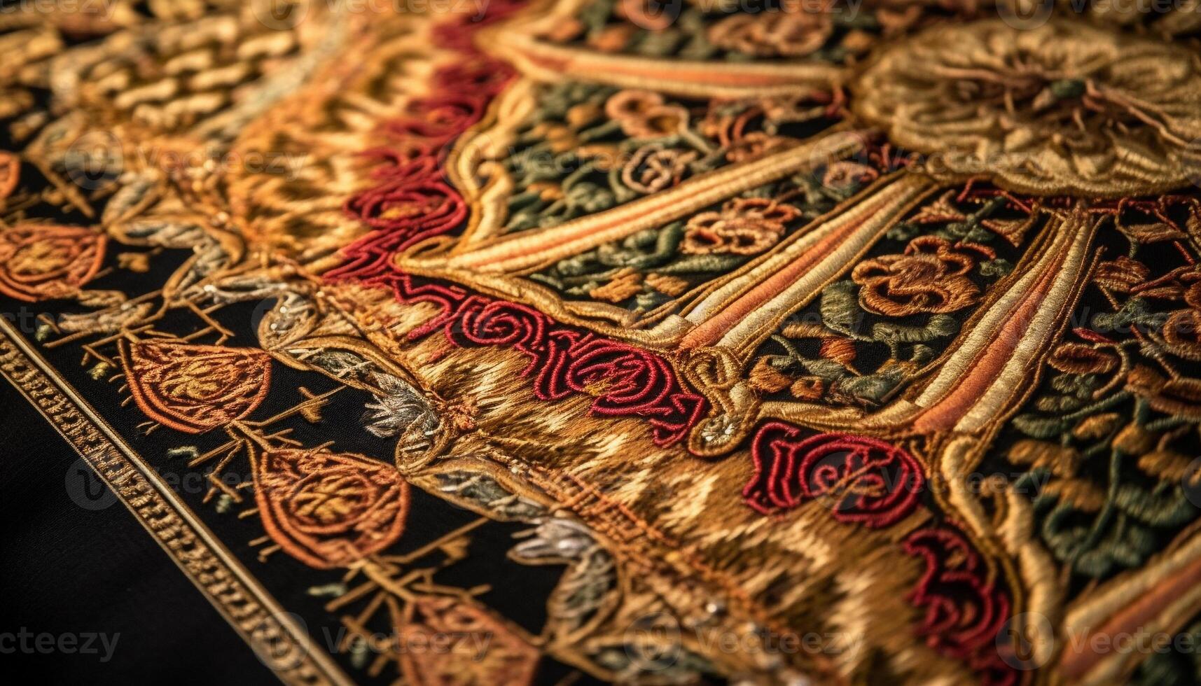 Ornate antique rug woven with silk and floral pattern design generated by AI photo