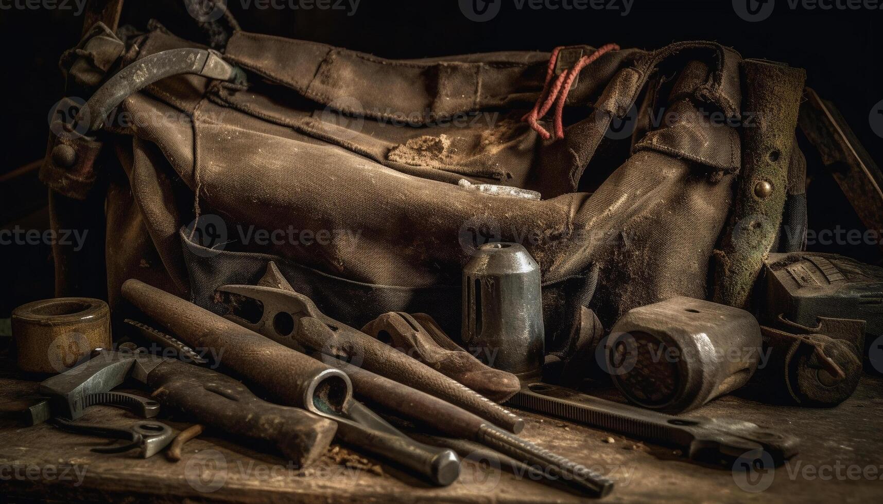 Rustic carpentry workshop old fashioned tools, homemade equipment, dusty workbenches generated by AI photo