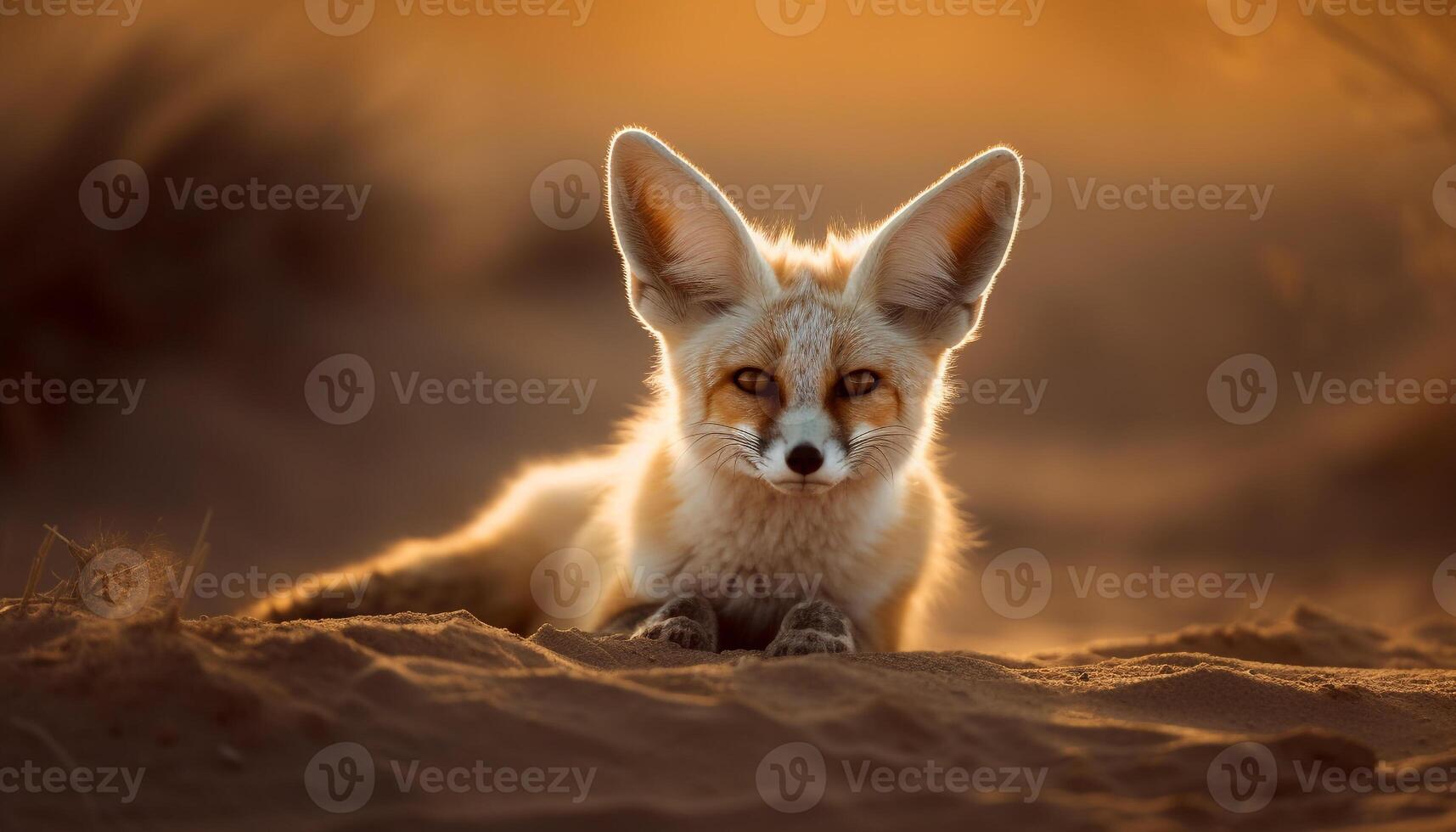 Fluffy red fox sitting on sand dune, looking at camera generated by AI photo