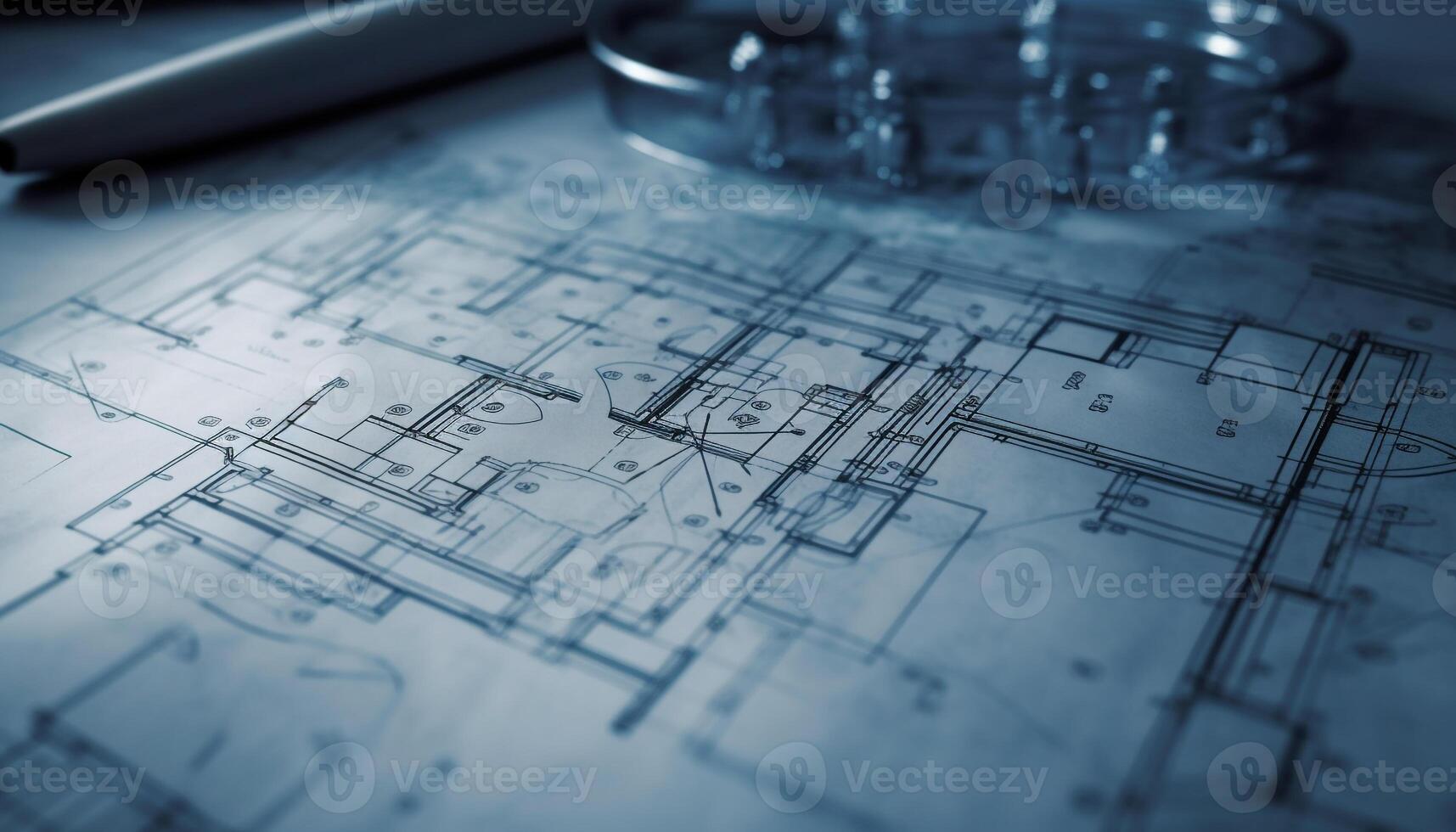 Blueprints and plans for modern home addition, striped ruler measures generated by AI photo