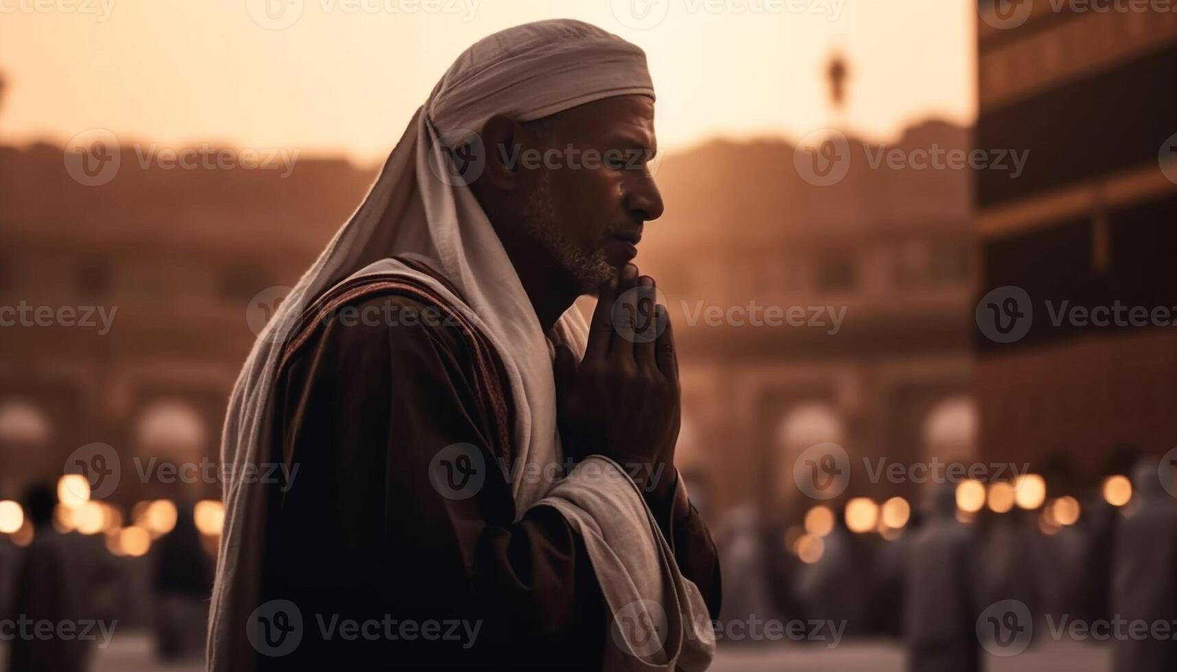 Man praying at sunset in traditional clothing, focusing on spirituality generated by AI photo