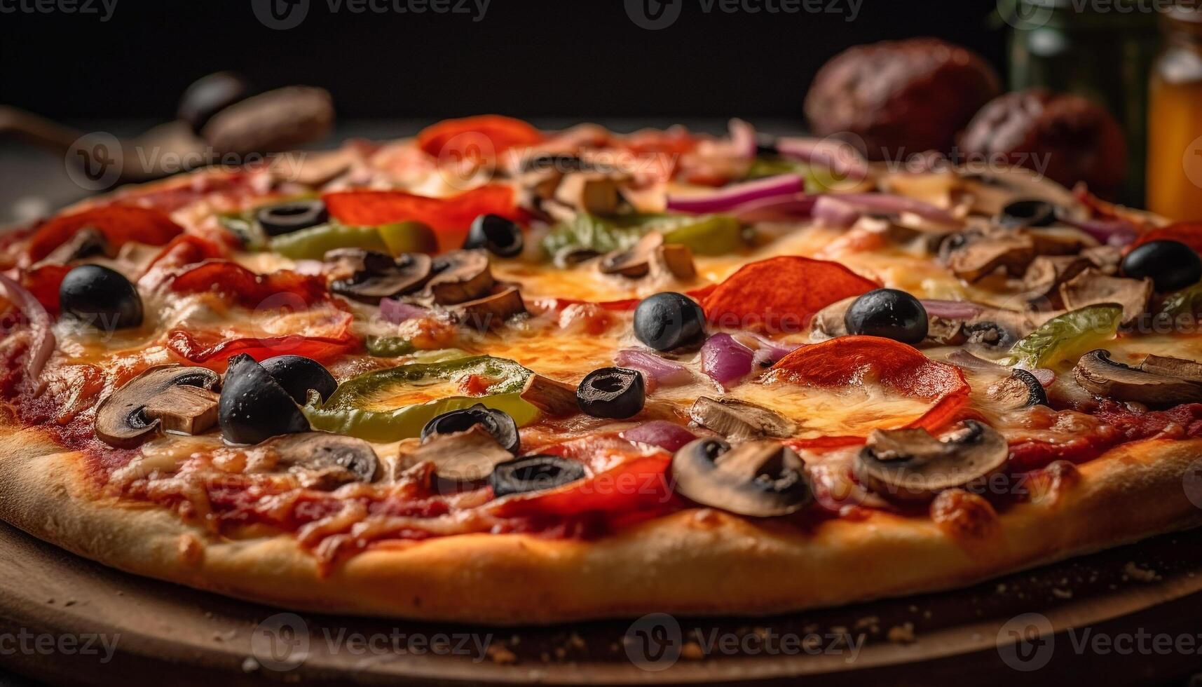 Freshly baked pizza with mozzarella, tomato, and black olives generated by AI photo