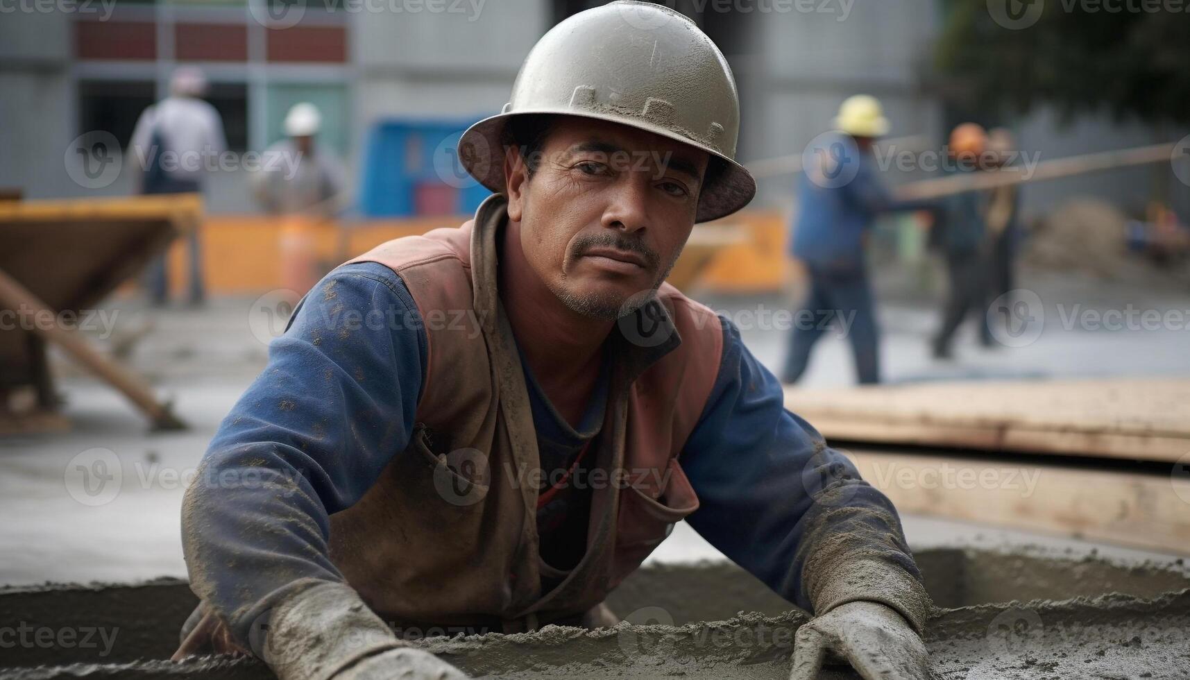 Construction worker in hardhat and protective workwear at construction site generated by AI photo