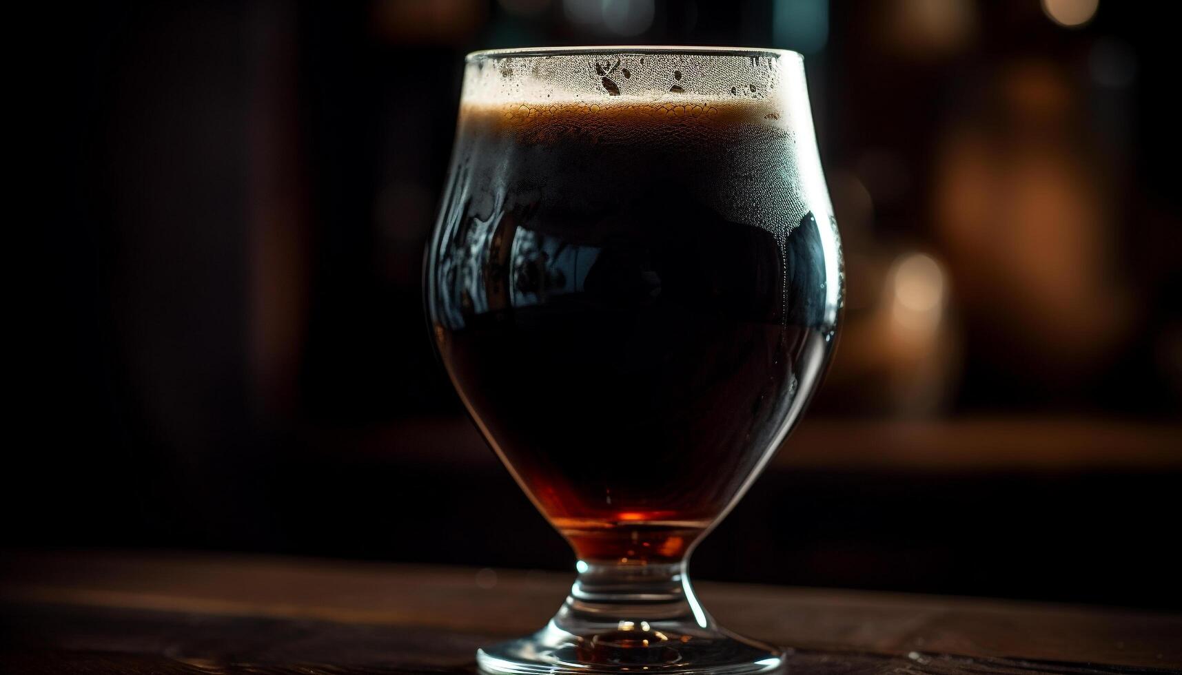 Frothy beer glass on dark wood table in pub close up generated by AI photo