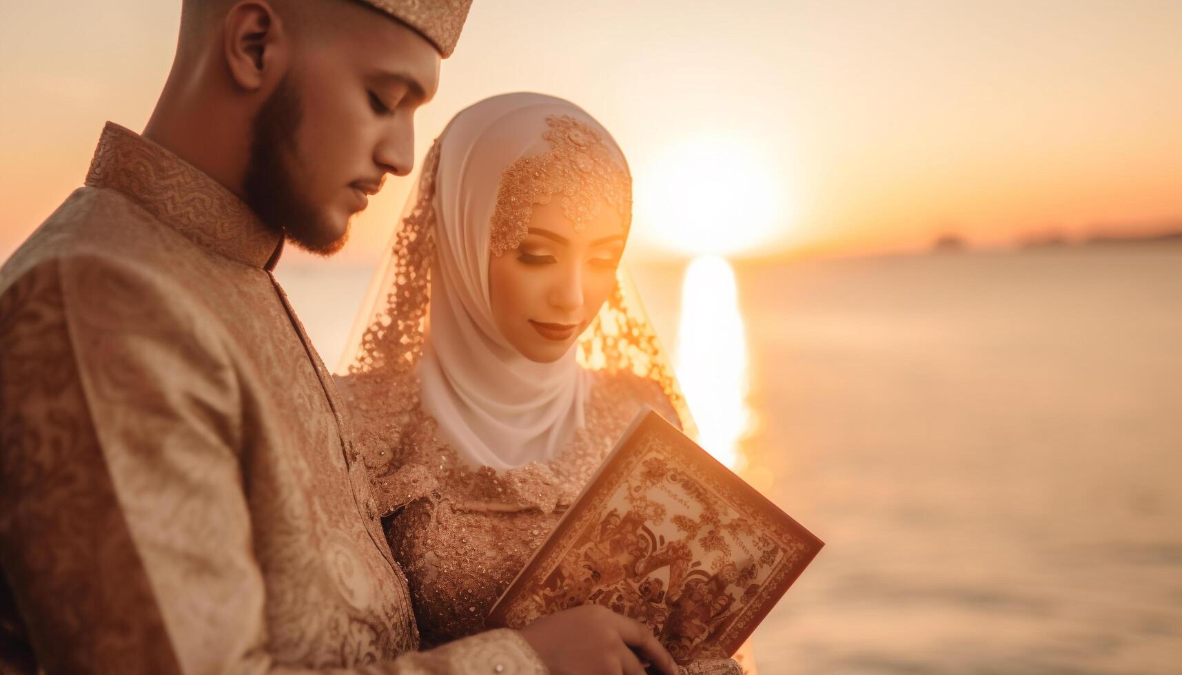 dos adultos abrazando en el atardecer, sonriente y participación manos generado por ai foto