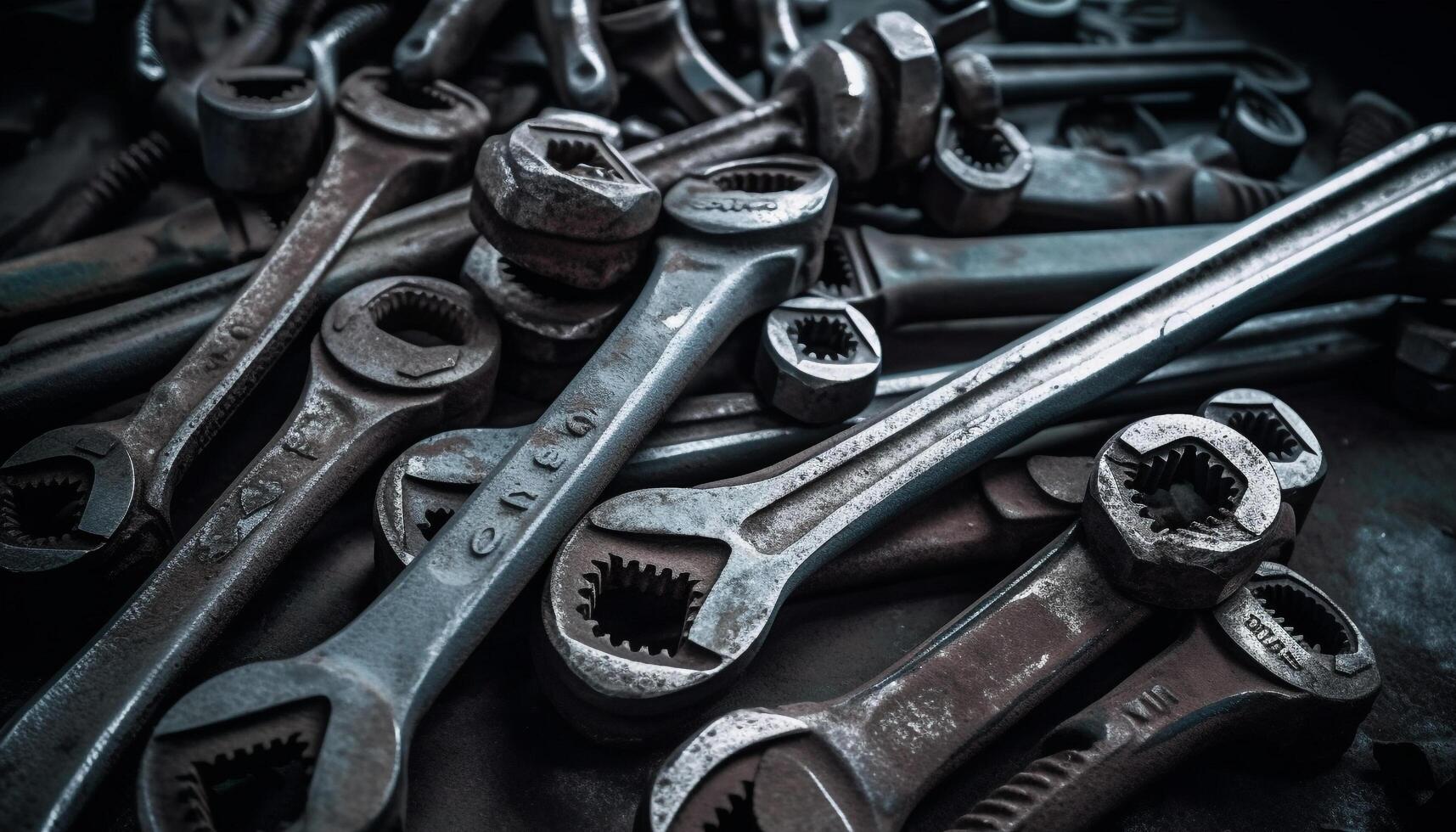 Metal tools for repairing machines in a retro garage workshop generated by AI photo