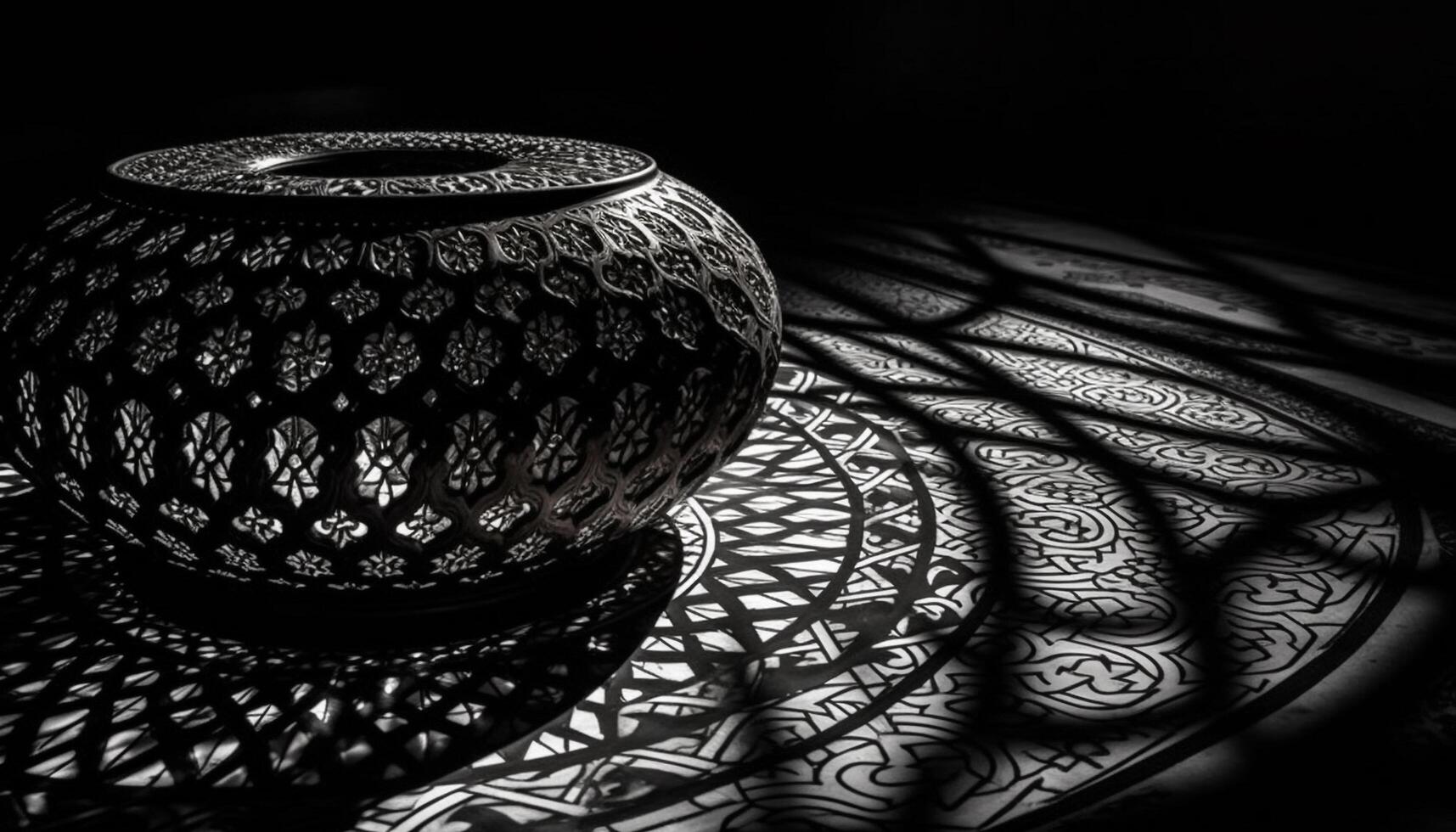 Ancient pottery vase with ornate floral pattern, black and white generated by AI photo