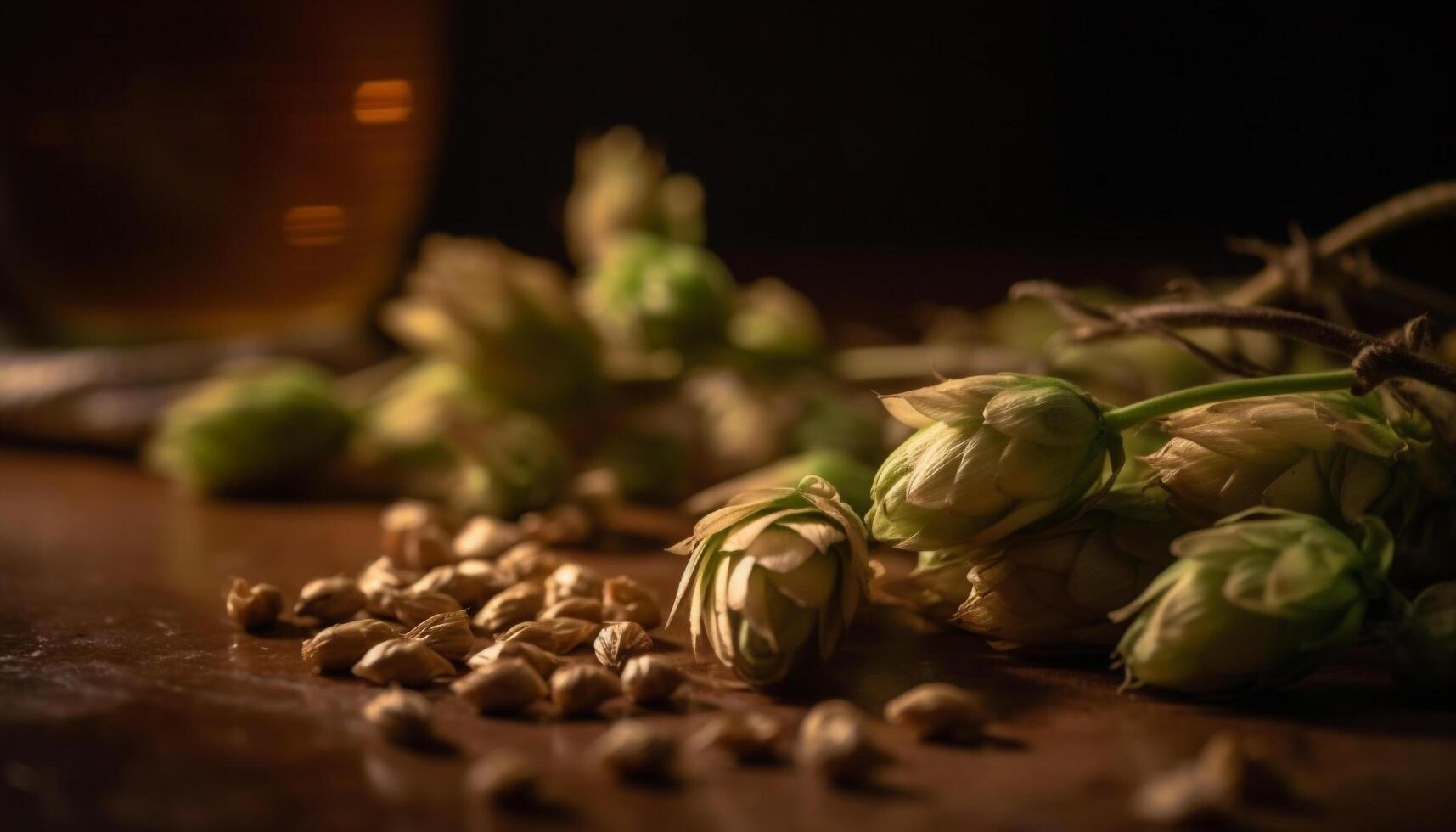 orgánico cerveza en rústico mesa, con Fresco salto y especia generado por ai foto