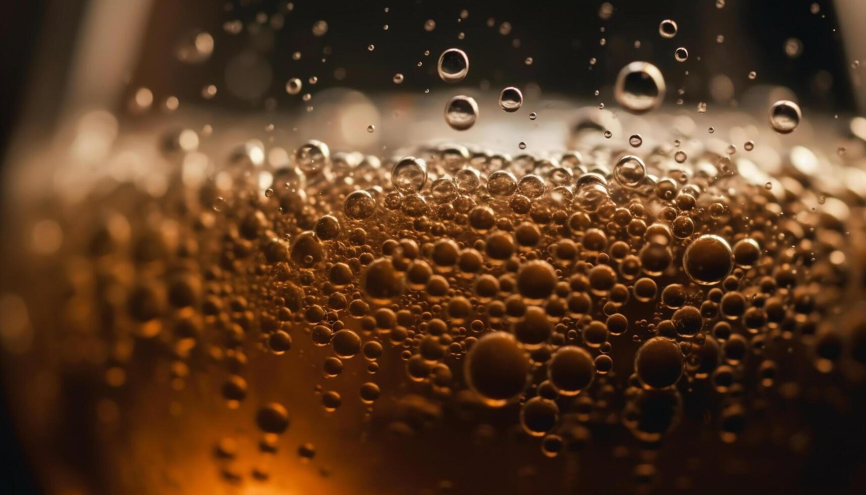 Wet beer glass with condensation and frothy golden bubbles generated by AI photo