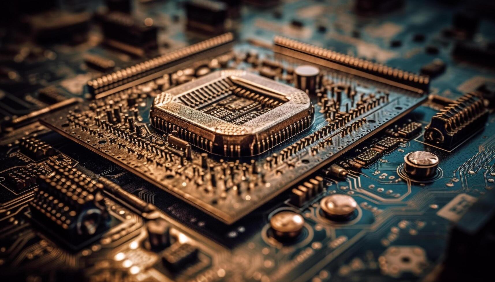 Complexity of computer chip circuit board shows technological progress generated by AI photo