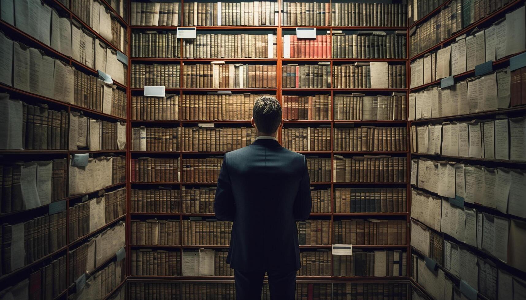 uno hombre de pie, estudiando, elegir sabiduría desde grande libro colección generado por ai foto