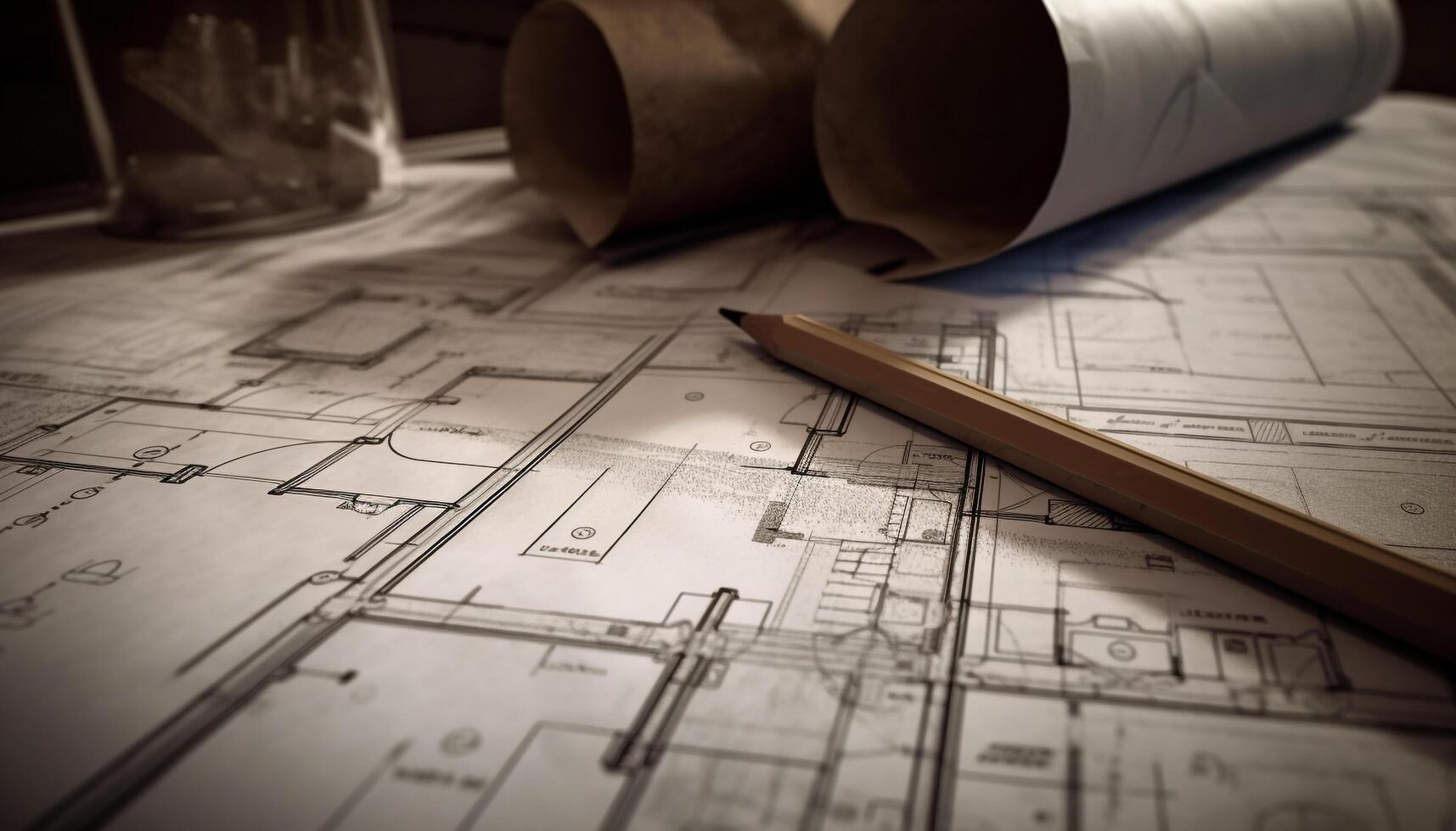 Blueprints, sketches, and plans the foundation of modern architecture generated by AI photo