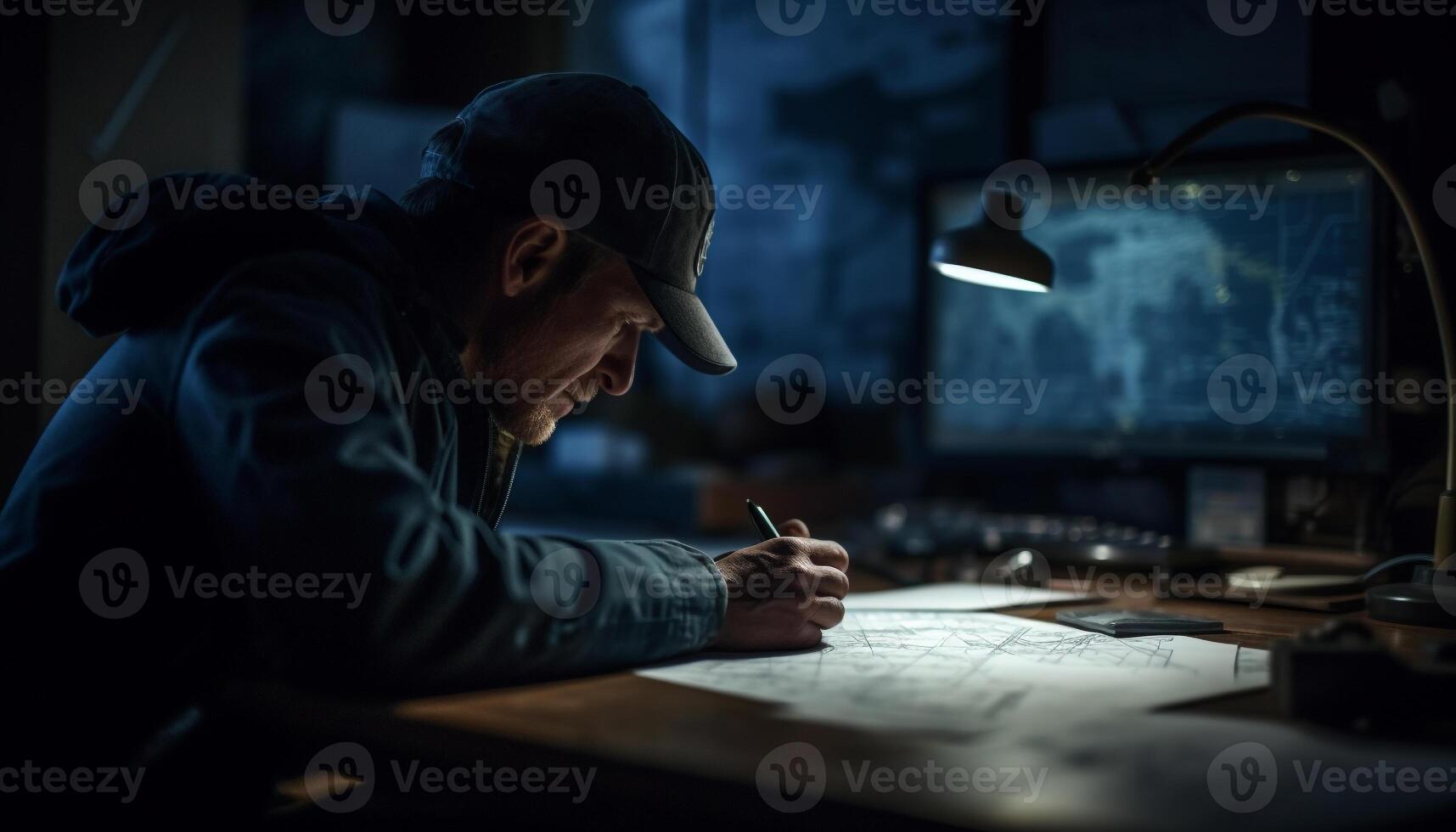 One architect, sitting at desk, sketching blueprint with pencil generated by AI photo