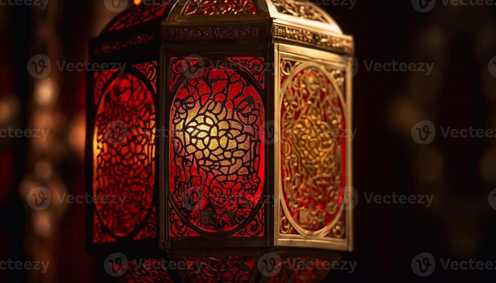 Illuminated arabic style lanterns decorate night during Ramadan celebration generated by AI photo