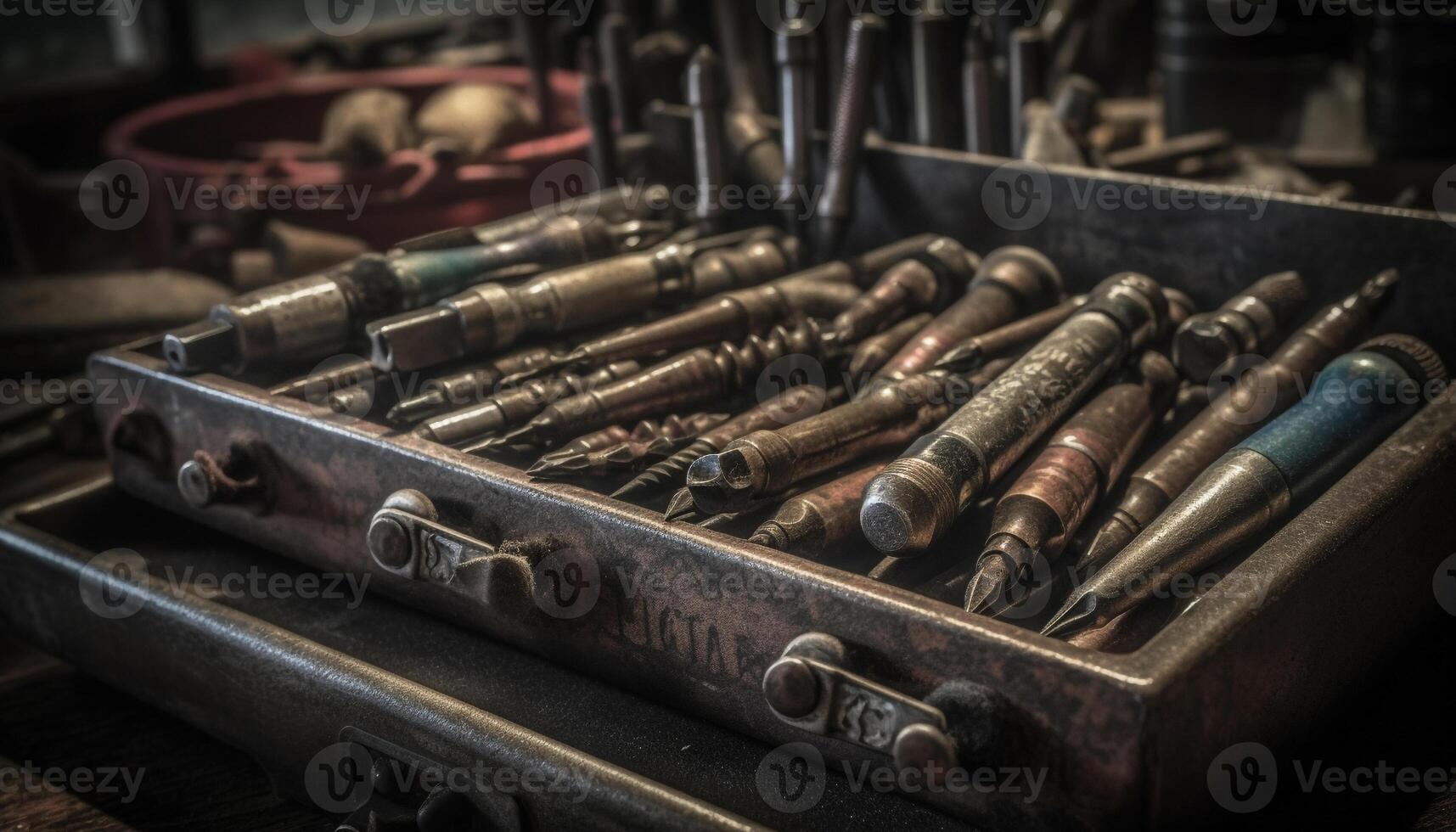 antiguo oxidado llave inglesa en de madera caja de herramientas, un carpintero trabajo herramienta generado por ai foto