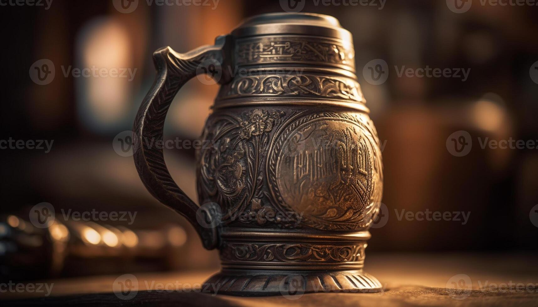 Antique pottery mug, rustic wood table, ornate brass handle generated by AI photo