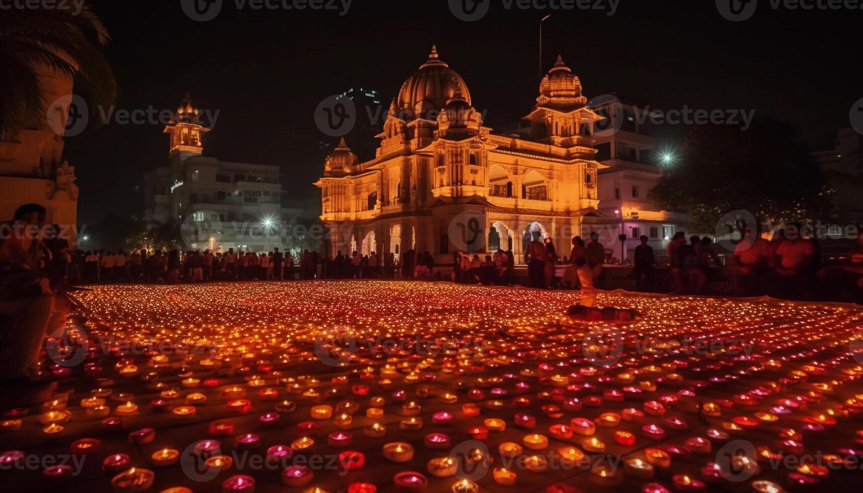 Illuminated monument in famous city celebrates traditional festival with lanterns generated by AI photo