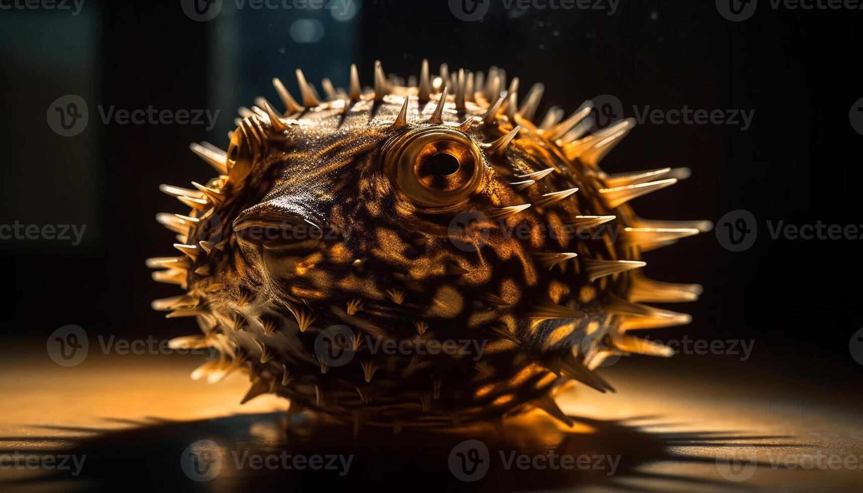 Spiky sea urchin spine catches yellow balloonfish underwater at night generated by AI photo
