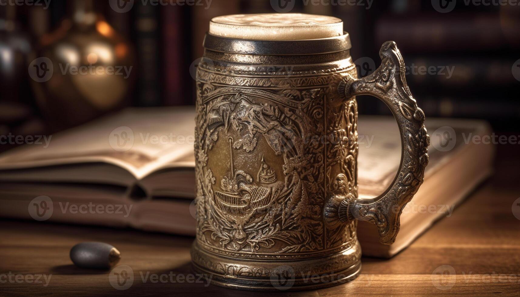 Antique book on rustic table with mug and wood background generated by AI photo