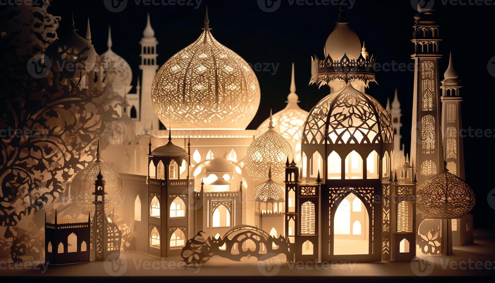 Ramadan celebration illuminates old mosque with ornate minaret architecture generated by AI photo