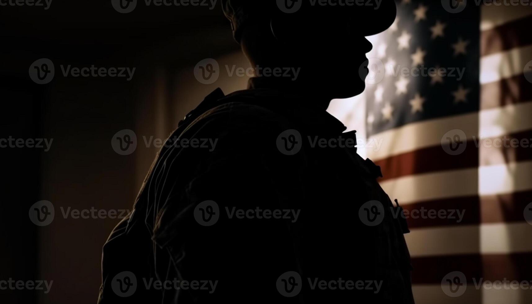 Army soldier standing in dark, backlit by American flag silhouette generated by AI photo